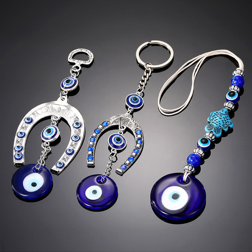 New Blue Evil Eye Horseshoe Shape Charm Keychain Keyring For