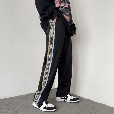 韩版撞色编织带条纹休闲长裤宽松