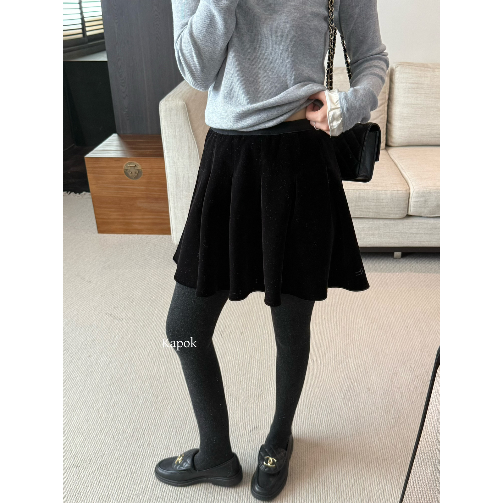 KAPOK-贵气感拿捏松紧腰A字金丝绒百褶短裙半身裙35066