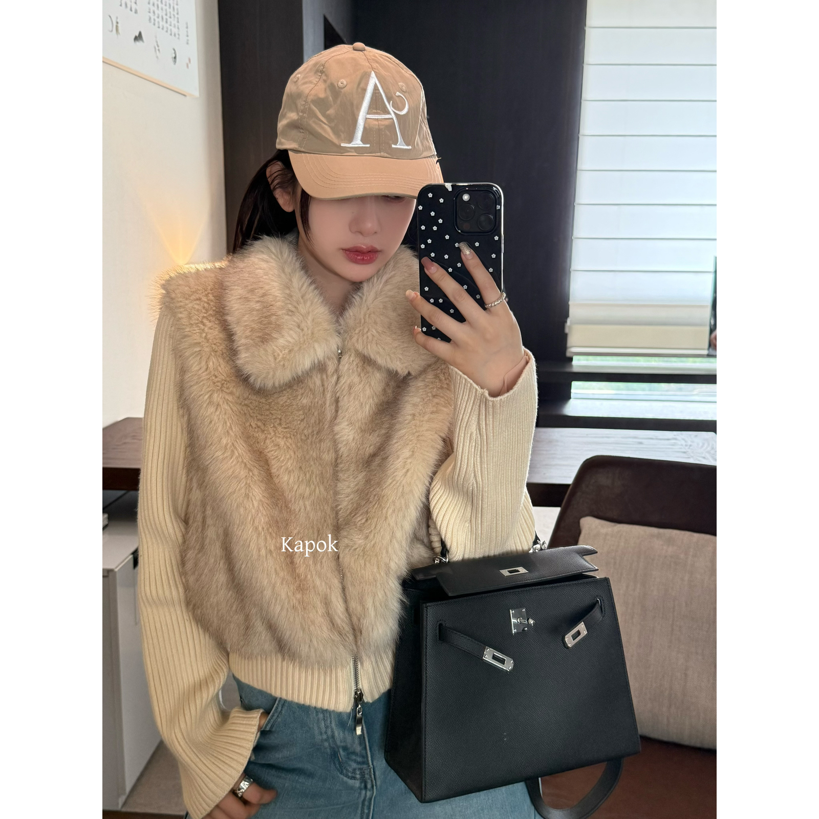 KAPOK-档口爆款首批秒无韩系加厚针织拼接环保皮草短外套35023