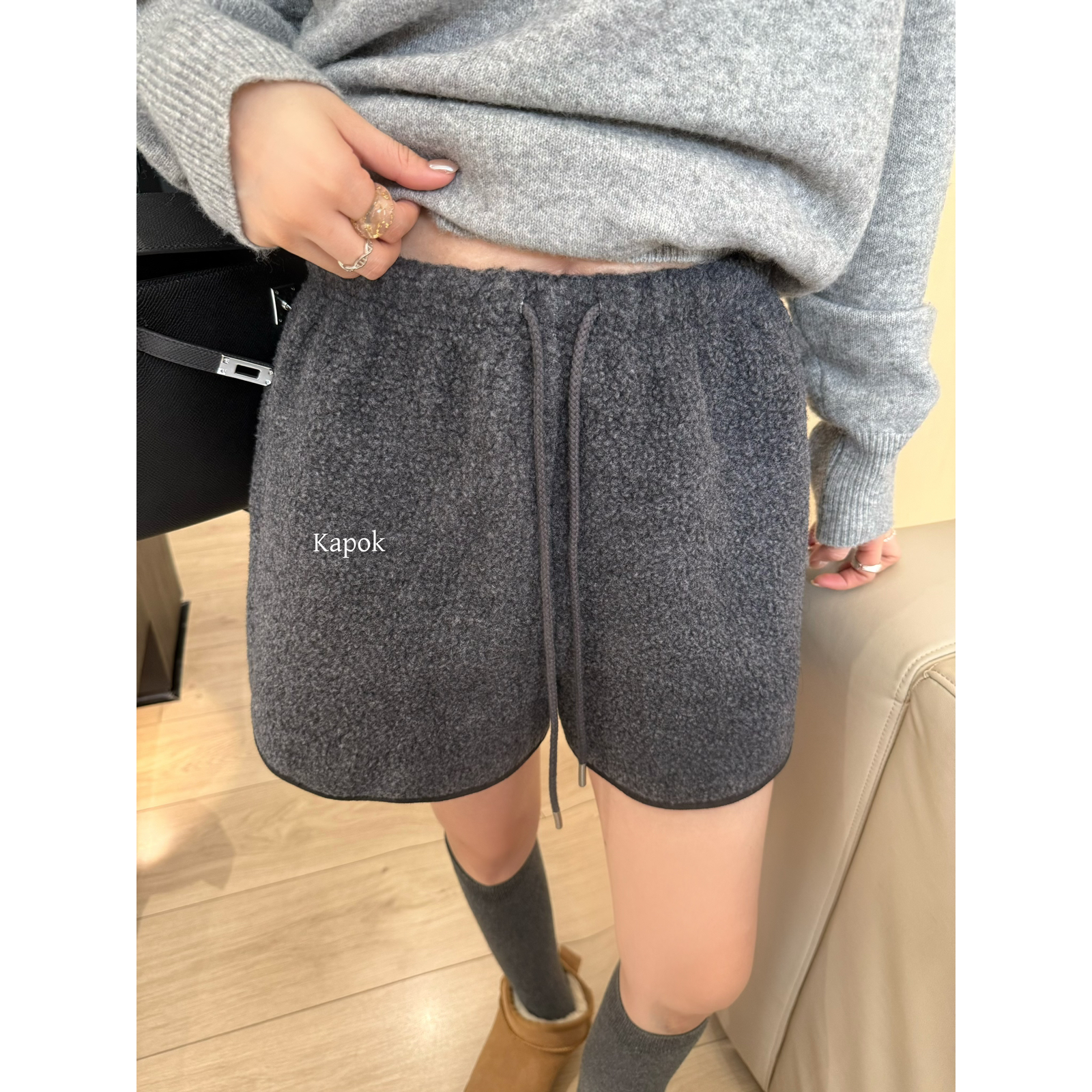 KAPOK-础万搭小短裤加厚韩系松紧腰抽绳羊羔毛短裤休闲短裤35065