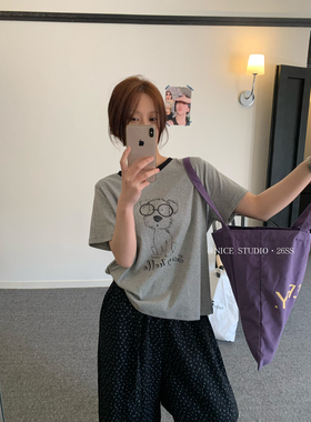 奶思家NICE STUDIO-2026夏上新眼镜小狗印花休闲短袖T恤女w63805