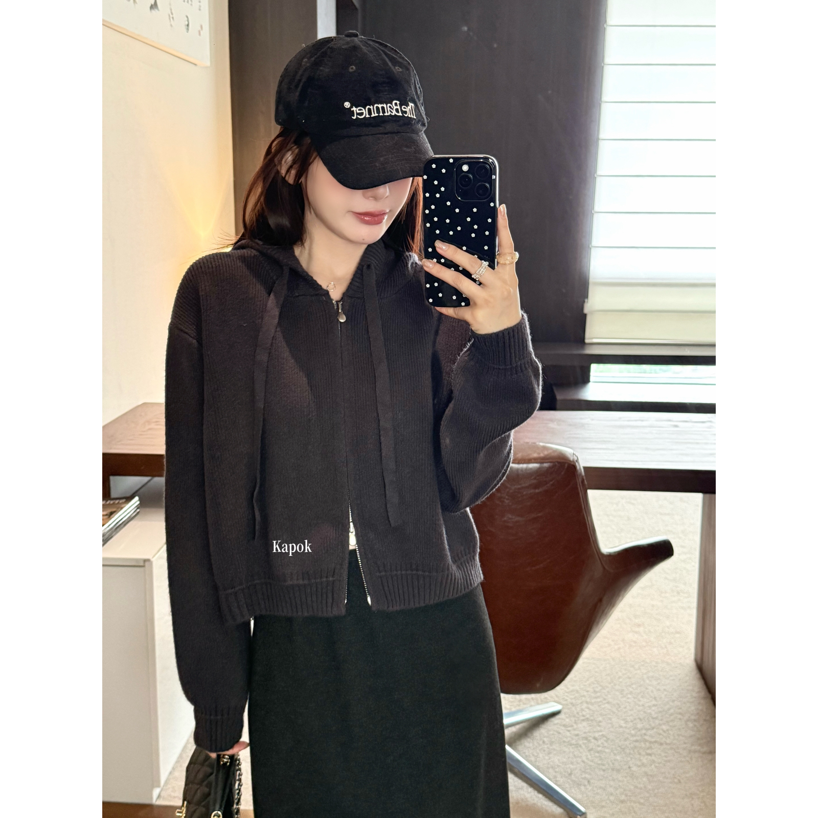 KAPOK-正品 爆款双拉链连帽冬季抽绳百搭针织开衫毛衣女25F860