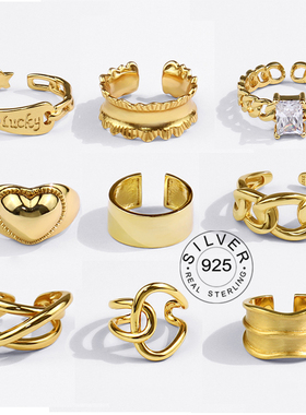 Real 925 Sterling Silver Rings For Women vintage gold color