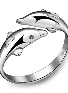 Silver Color  Jewelry Open Happy Double Dolphin Love Rings