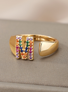 Rainbow Zircon Letter Rings For Women Stainless Steel A-Z