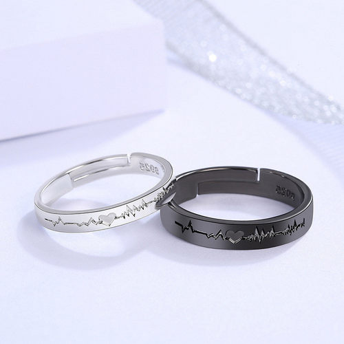 2Pcs/set Romantic Couple Rings For Women Men Punk Heart ECG