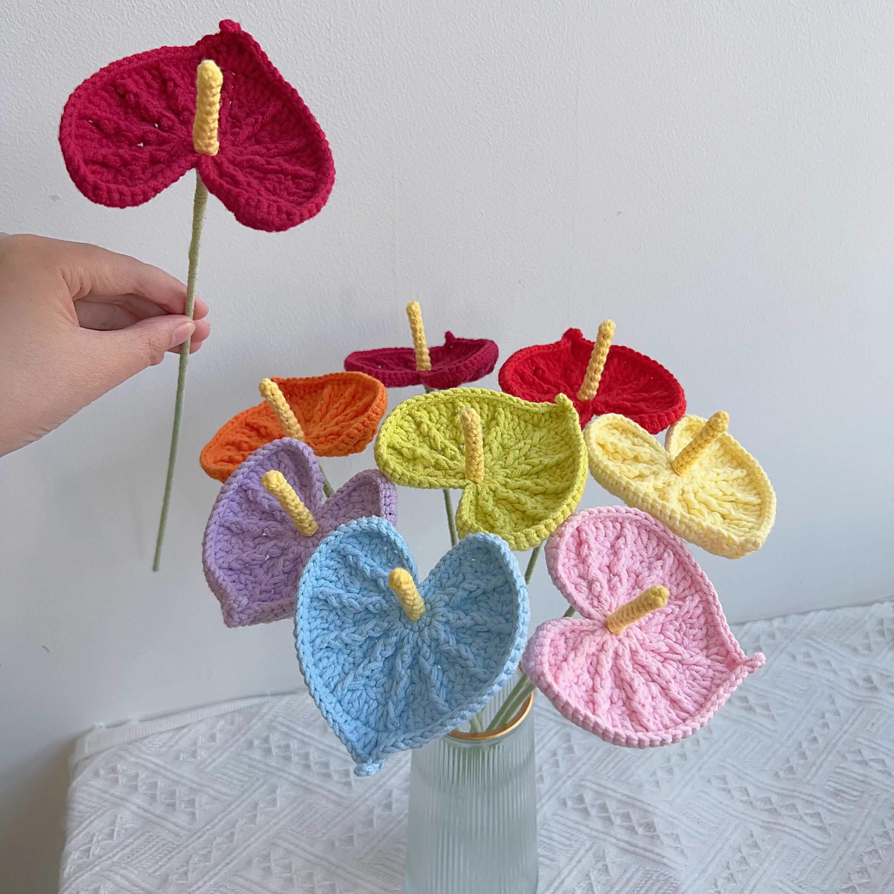 纯手工钩织毛线花成品 红掌绿掌粉掌编织仿真花插花花束配花