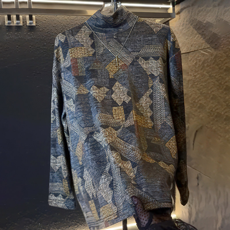 2025秋冬新款时尚晕染复古宽松休闲内搭半高领套头卫衣潮牌上衣男