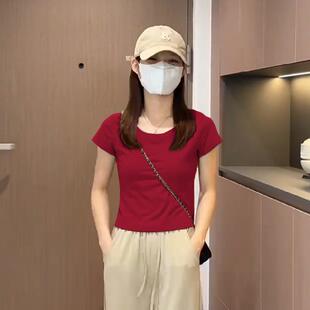 正肩短袖t恤女装纯棉修身显瘦体恤2025夏季新款美式复古小众上衣
