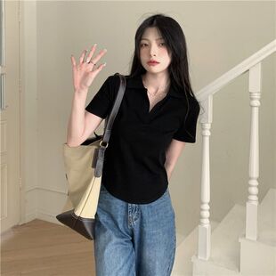 纯欲风白色翻领短袖t恤女夏季新款韩版修身不规则polo领打底衫女