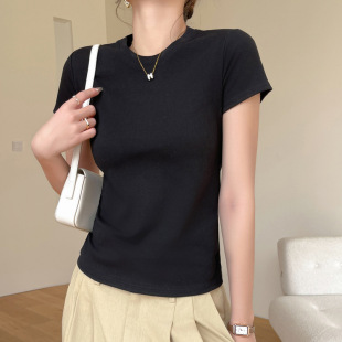 2025新款正肩短袖t恤女修身衫时尚百搭圆领上衣纯棉减龄显瘦夏季