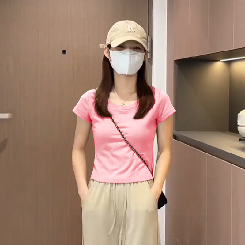 正肩磨毛纯棉短袖t恤女简约时尚百搭上衣加厚内搭打底衫春夏秋季
