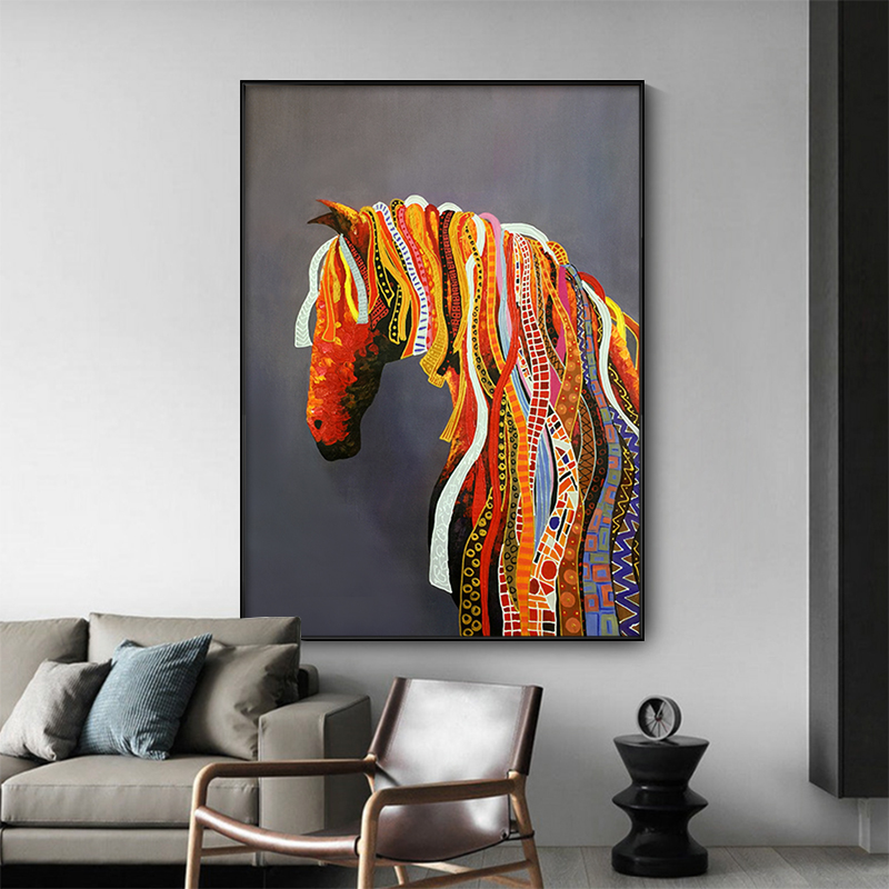 客厅油画动物马装饰画彩绘抽象骏马玄关挂画大尺寸过道走廊轻奢画图片