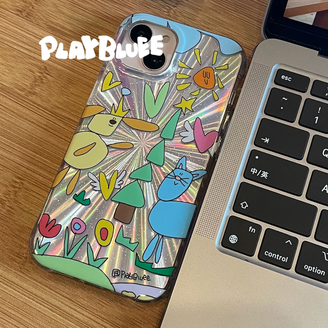PlayBluee 原创猫猫狗狗镭射亮面双层手机壳适用于17pro华为磁吸