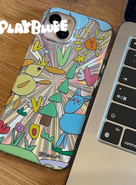 PlayBluee 原创猫猫狗狗镭射亮面双层手机壳适用于17pro华为磁吸
