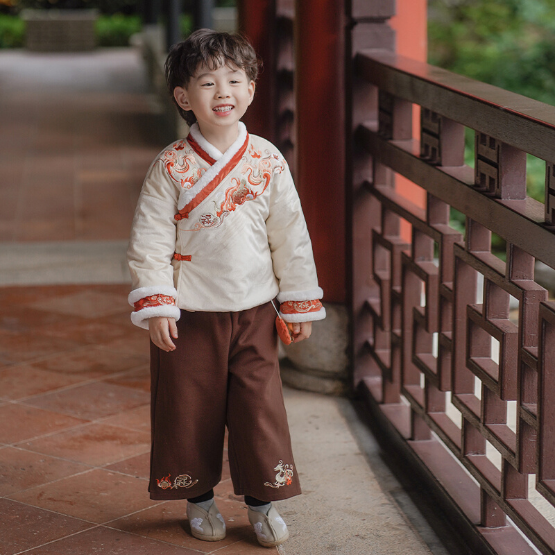 冬款新年宝宝唐装中国风童汉服儿童拜年男童加厚加绒套装