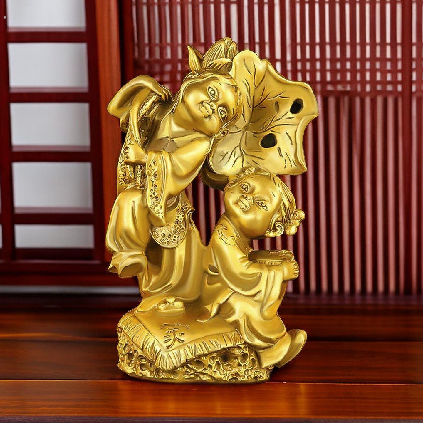 纯黄铜和合2贤摆件和合二圣卧室客厅饰品摆件夫妻和合送新婚礼物
