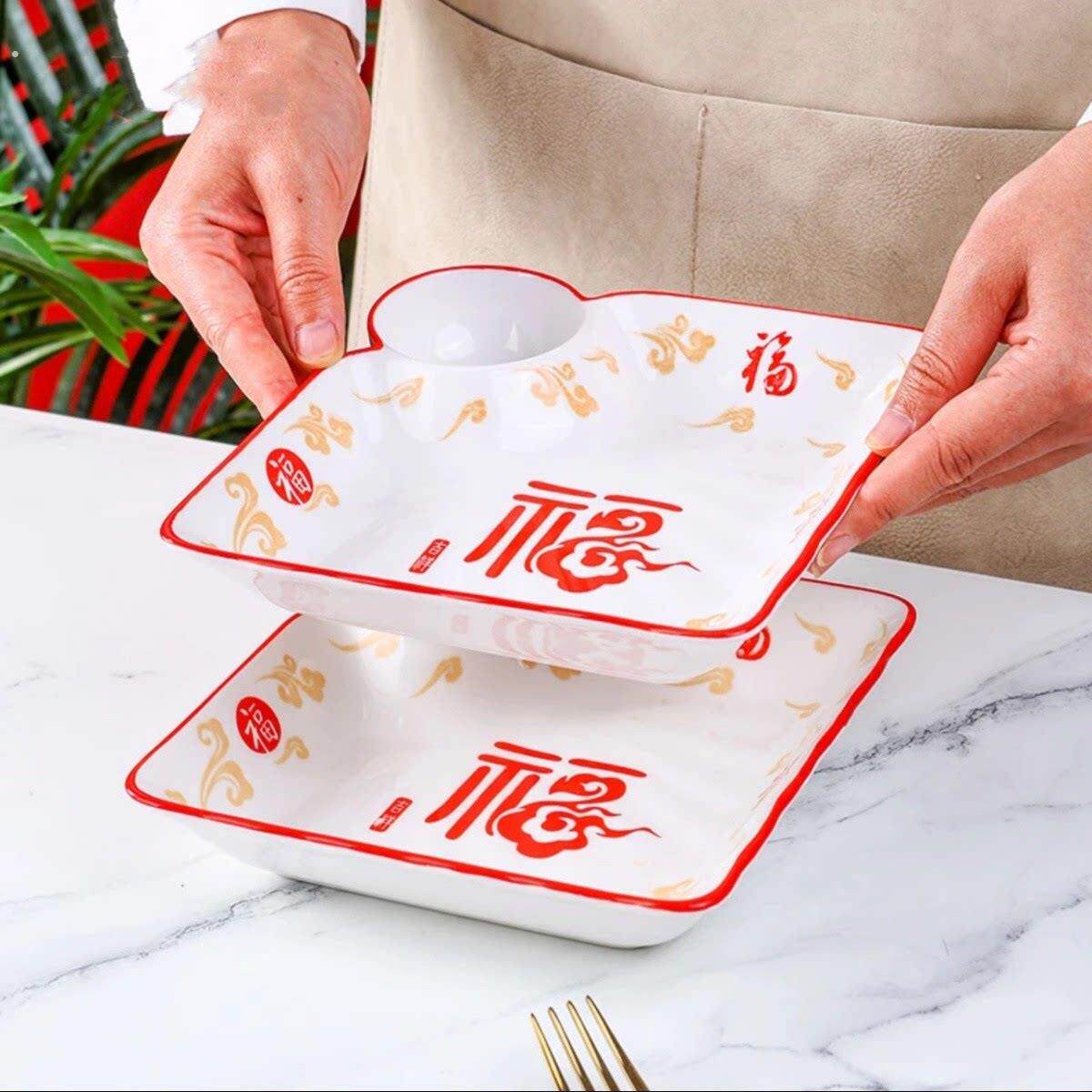 饺子放置盘陶瓷带醋碟家用2025新款水饺盘创意奇形碟子分格薯条盘