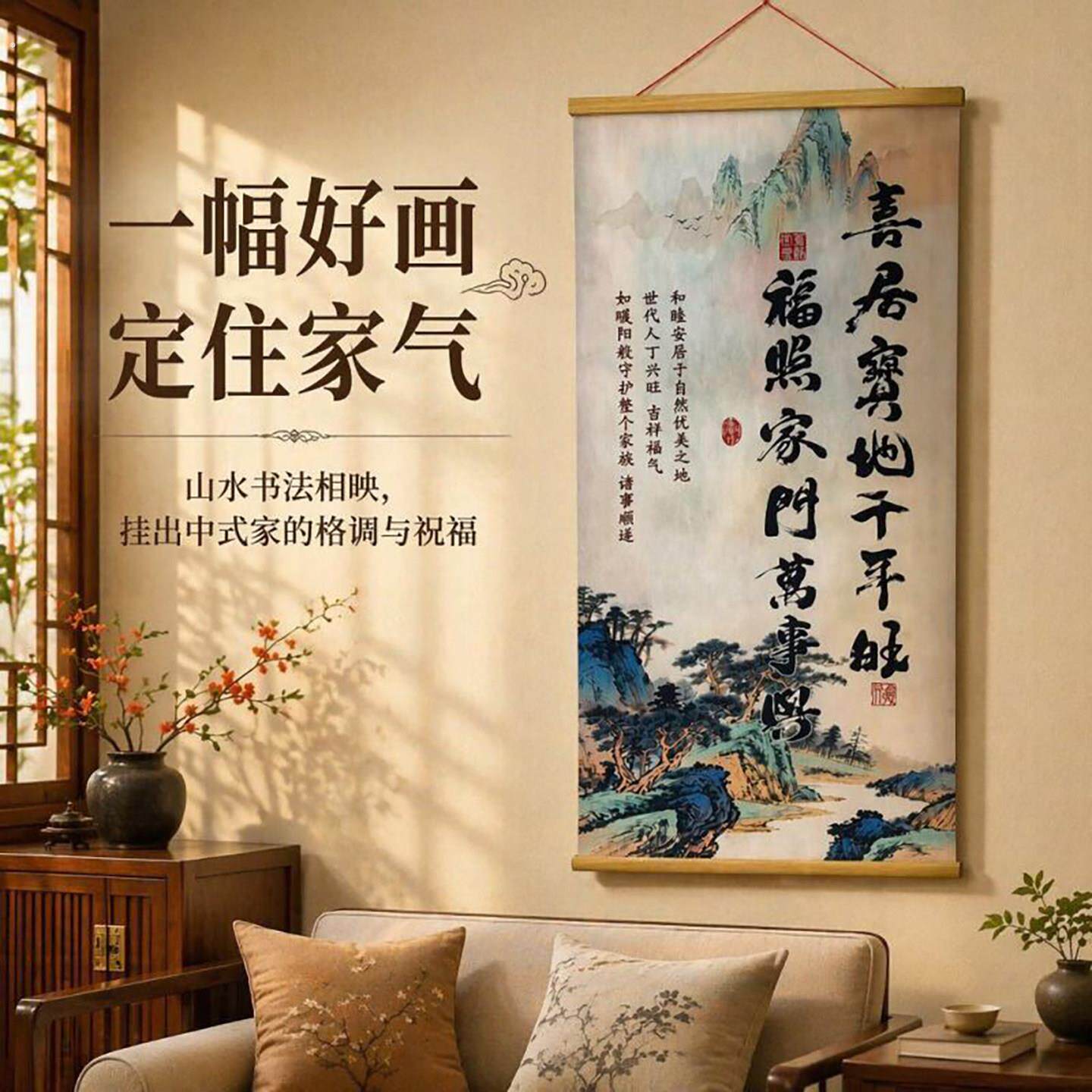末然燕喜居宝地千年旺挂画福照家门万事兴中堂字画入户门口用对联