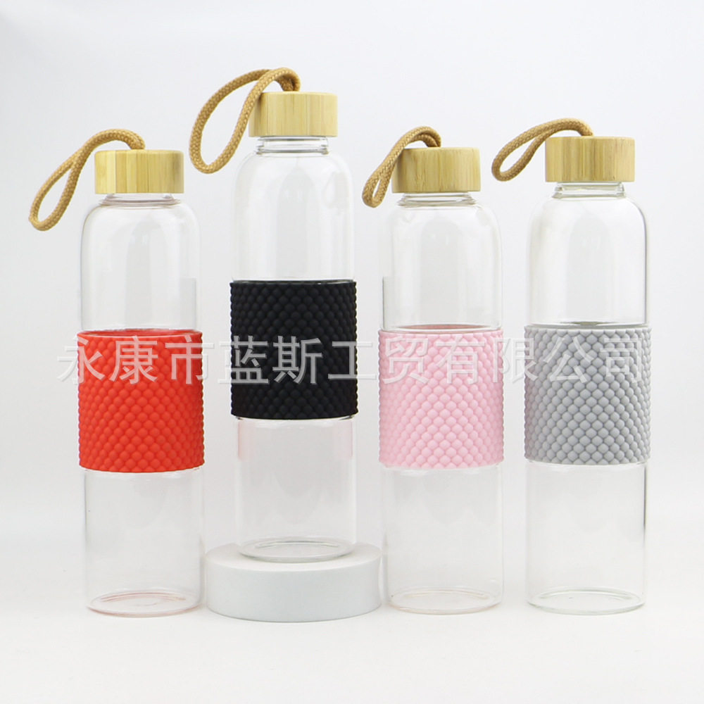 厂家创意款竹盖小口水杯防滑硅胶套单层高硼硅玻璃杯子印logo
