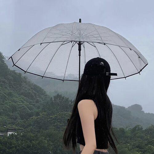 16骨透明雨伞长柄大号双人女白色网红自动的结实折叠高颜值透明