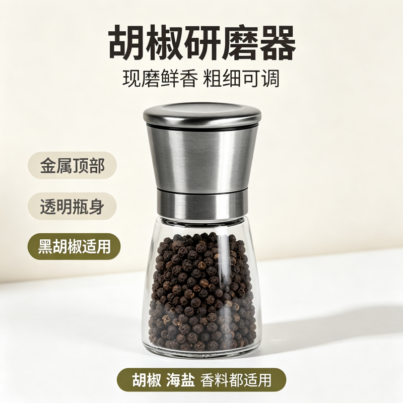 手动胡椒研磨器玻璃黑白胡椒粉粒花椒海盐调味304不锈钢研磨瓶