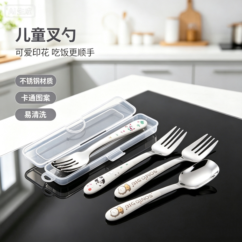 卡通叉勺宝宝勺子儿童学吃饭训练婴儿叉子餐具自主进食叉勺不锈钢