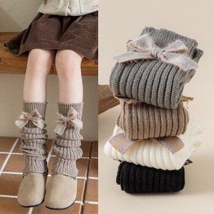 女童袜套绒秋冬季蝴蝶结针织长筒韩系可爱保暖女孩护膝堆堆小腿袜