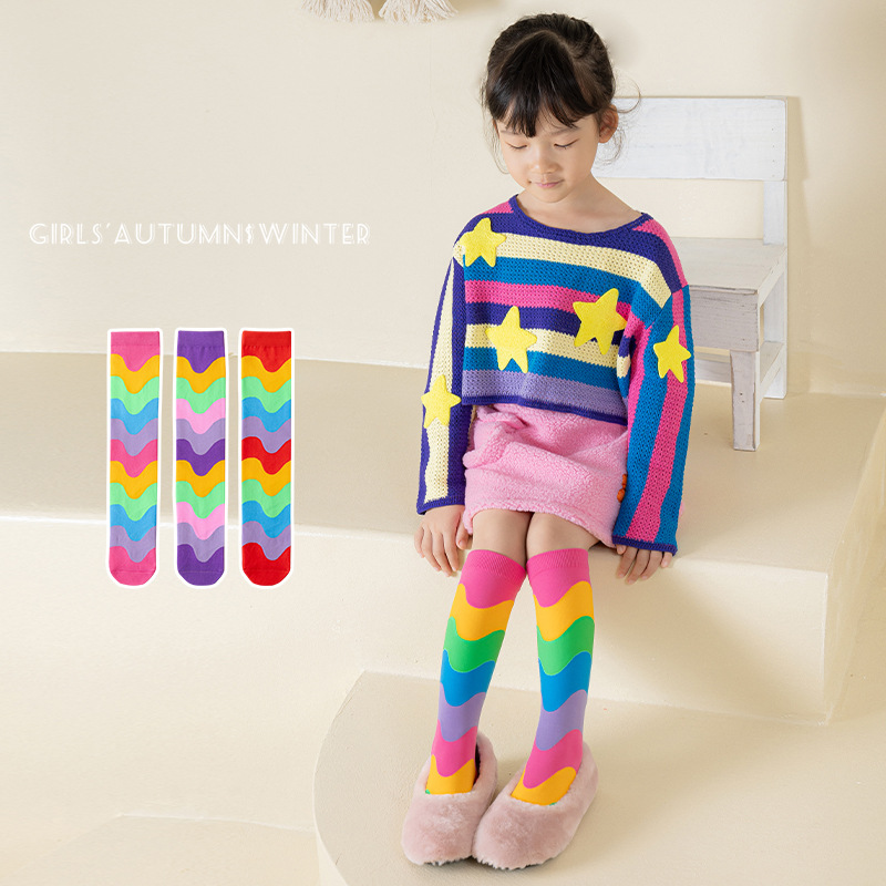 彩虹条纹欧美儿童袜子女童长筒