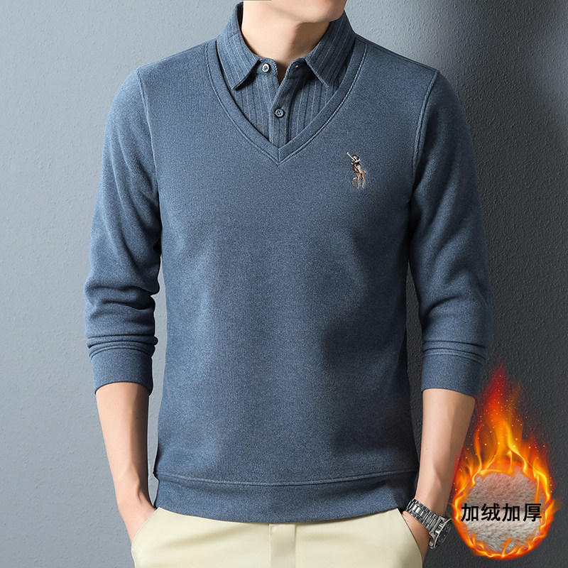 冬新款男士精品超柔假两件毛衣加厚男毛衣上衣带领长袖针织衫绣花