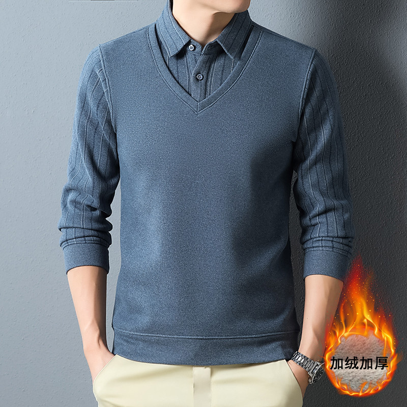 新款男士精品超柔假两件毛衣加厚男毛衣上衣带领长袖针织衫条纹袖