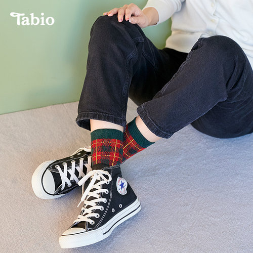 Tabio格纹提花袜子女含羊毛高弹