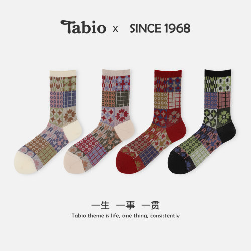 Tabio袜子女春秋高弹透气提花设计中筒袜日系复古民族风文艺长袜