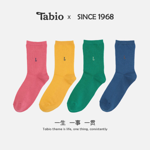 Tabio左右刺绣袜子女简约百搭