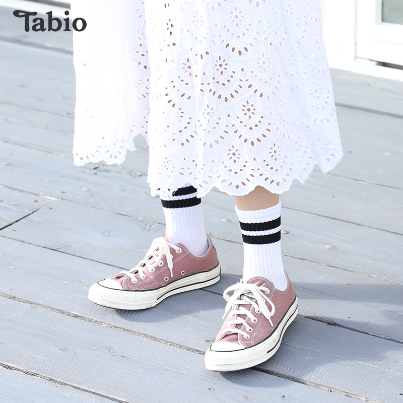 Tabio早春新品条纹袜子女荧光色双杠休闲运动日本女袜精梳棉袜女