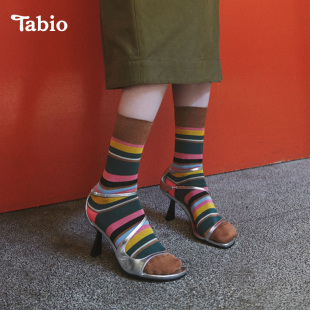 Tabio彩条纹袜子女秋冬无骨中筒袜复古运动百搭日系潮袜撞色长袜