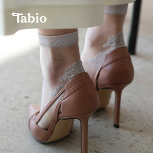 Tabio玻璃丝袜袜跟蕾丝图案春夏薄款 女士短筒袜子黑丝白丝