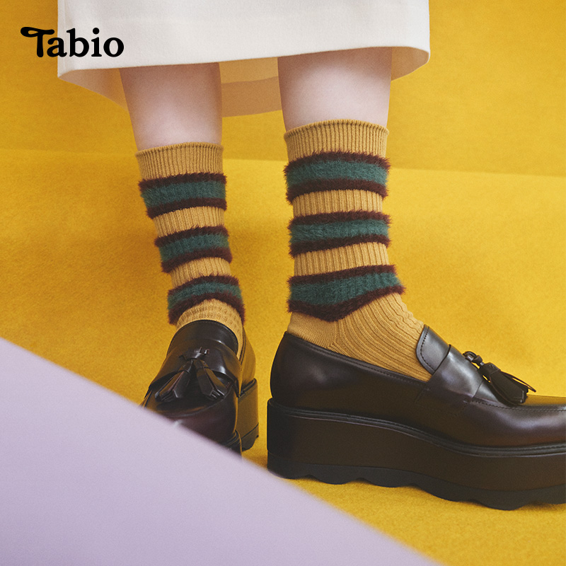 Tabio复古毛绒条纹袜子女透气