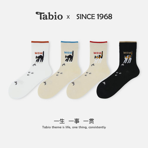 Tabio猫咪印花袜子女夏季高弹透气可爱百搭中筒袜日系潮袜设计感