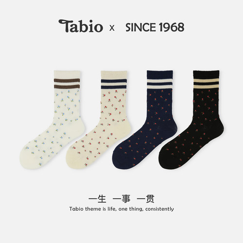 Tabio碎花条纹袜子女春秋高弹透气白色中筒袜日系甜美芭蕾风长袜