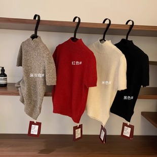 韩系漂亮高领短袖毛衣女秋冬设计小众宽松复古打底内搭上衣针织衫