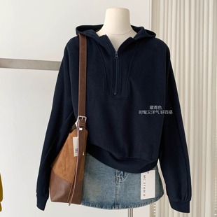 半拉链连帽卫衣女加厚秋冬爆款 上衣 小个子宽松慵懒休闲慵懒风短款