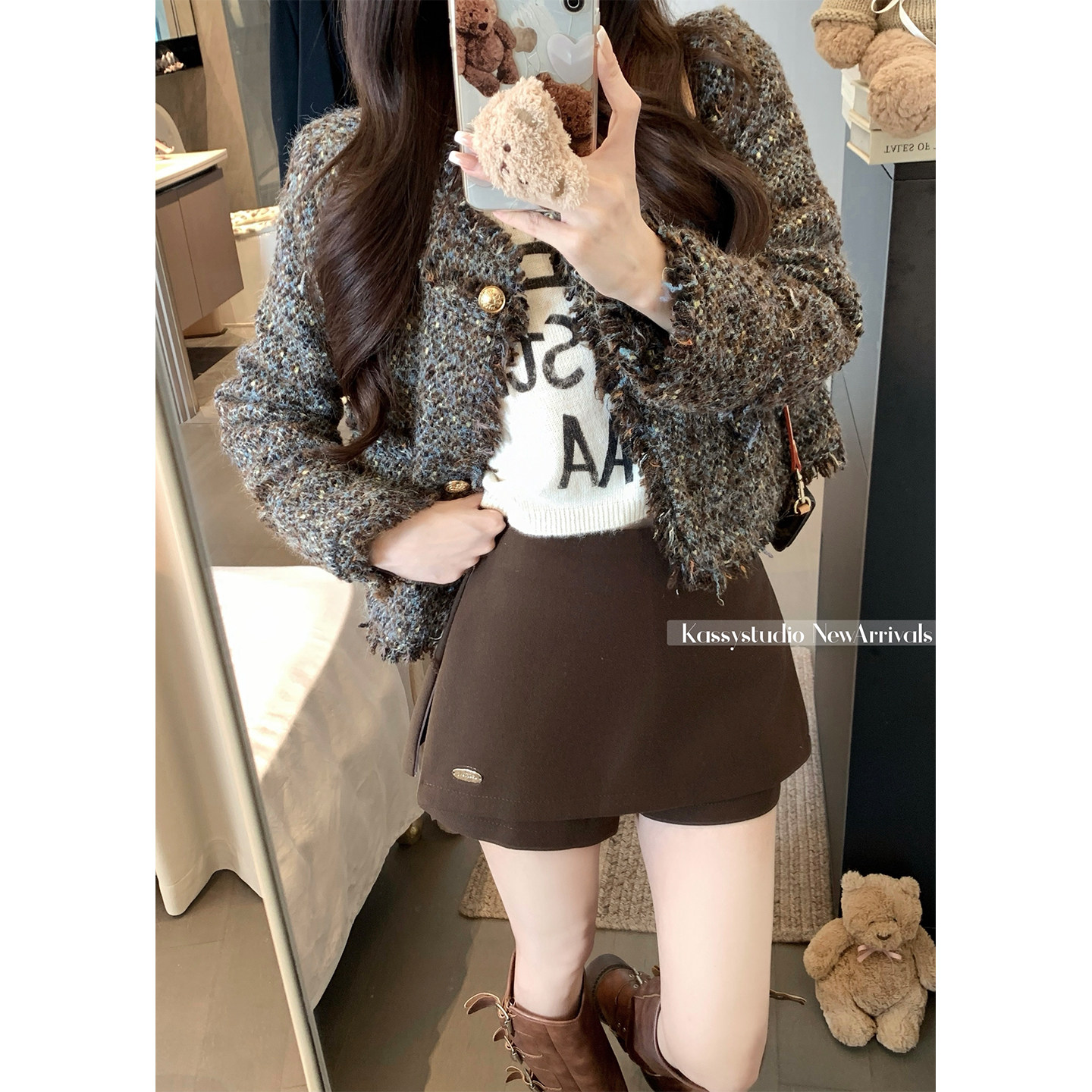 灰色毛呢半身裙女2026春夏季穿搭假两件百搭复古a字防走光短裙子