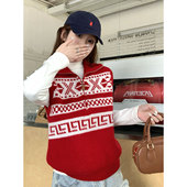 新年穿搭韩系减龄红色费尔岛无袖 气质叠穿上衣 针织马甲女2026春季