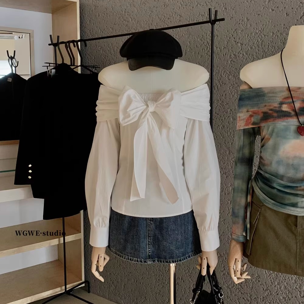高级感一字肩系带蝴蝶结长袖衬衫