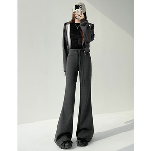 软糯微喇裤 秋冬高腰气质加绒毛呢休闲裤 子 女装 灰色糯米羊绒阔腿裤