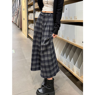 藏蓝色格子羊绒毛呢休闲裤女冬外穿新款宽松小个子阔腿高腰八分裤