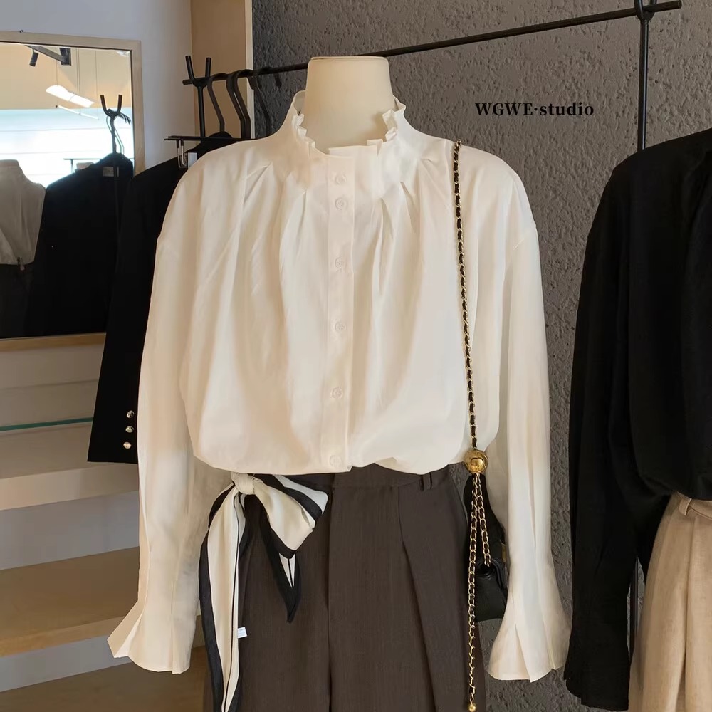 高端小资小上衣白色长袖衬衫
