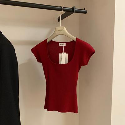红色方领露锁骨短袖针织t恤女夏